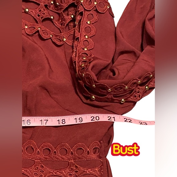 L'ATISTE Deep Red Lace Long Sleeve gold studded Dress - Picture 7 of 8